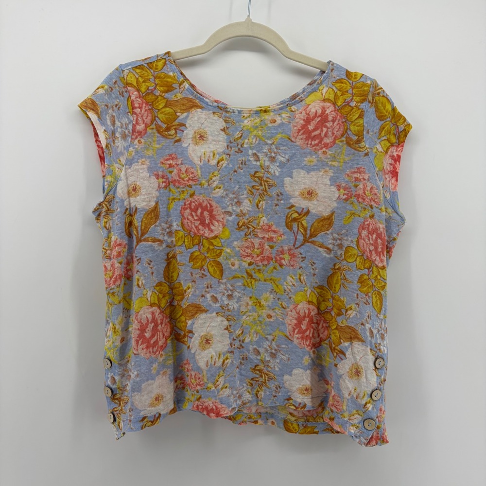Joie Womens S Blue Floral 100% Linen Cap Sleeve Top Side Button Detail